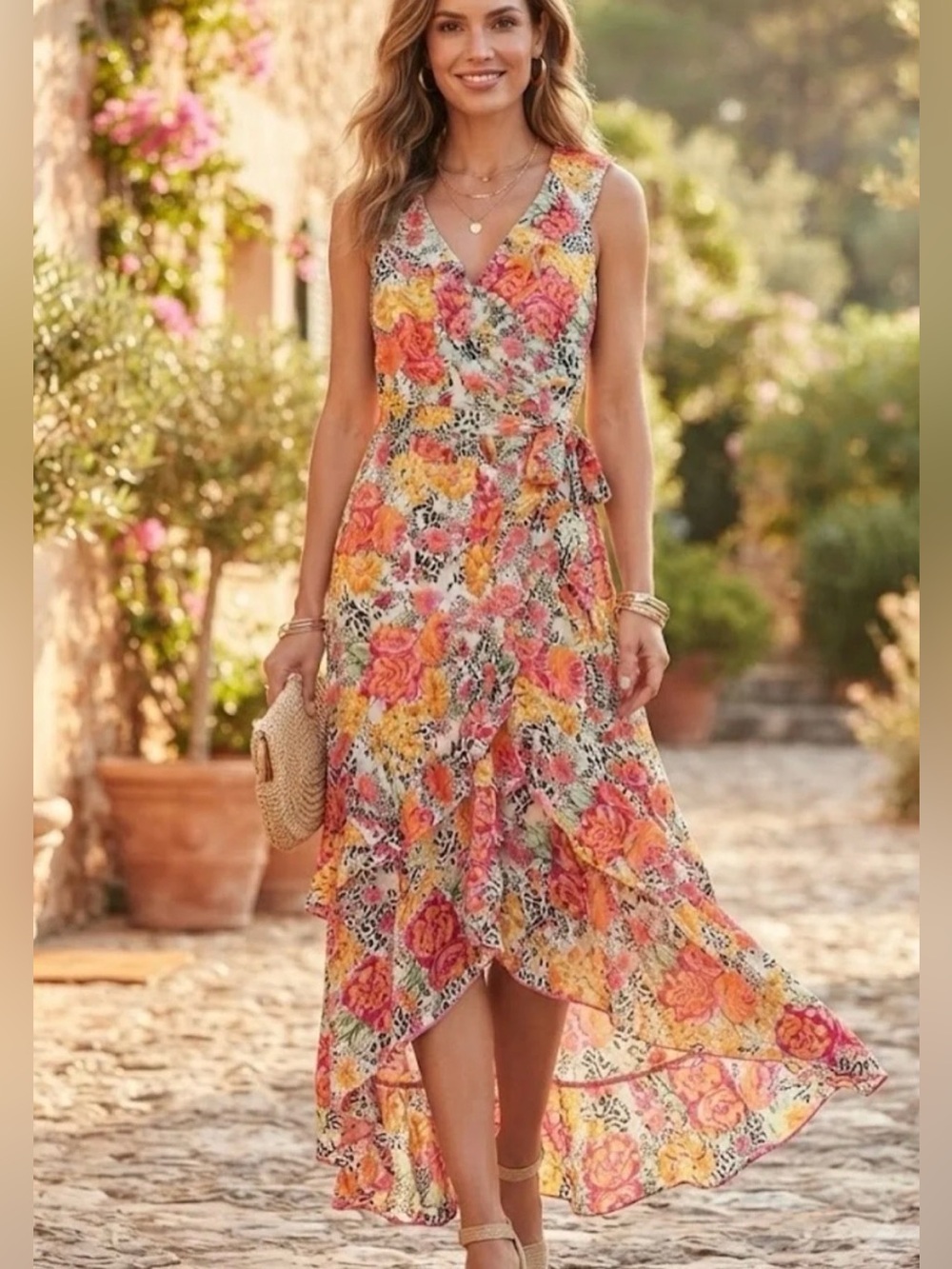 Guess Floral Ruffle High-Low Wrap Dress - Size Medium